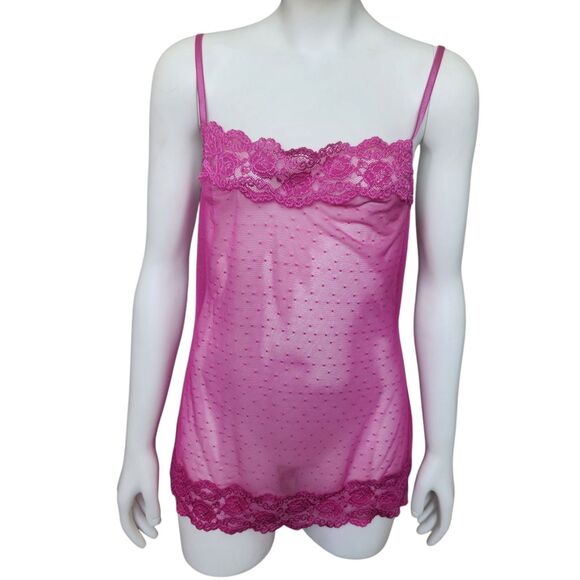 Y2K Barbie Pink Dotted Swiss Mesh & Lace Detail Sheer Cami/Slip Dress-Jezabell-S - Picture 1 of 12